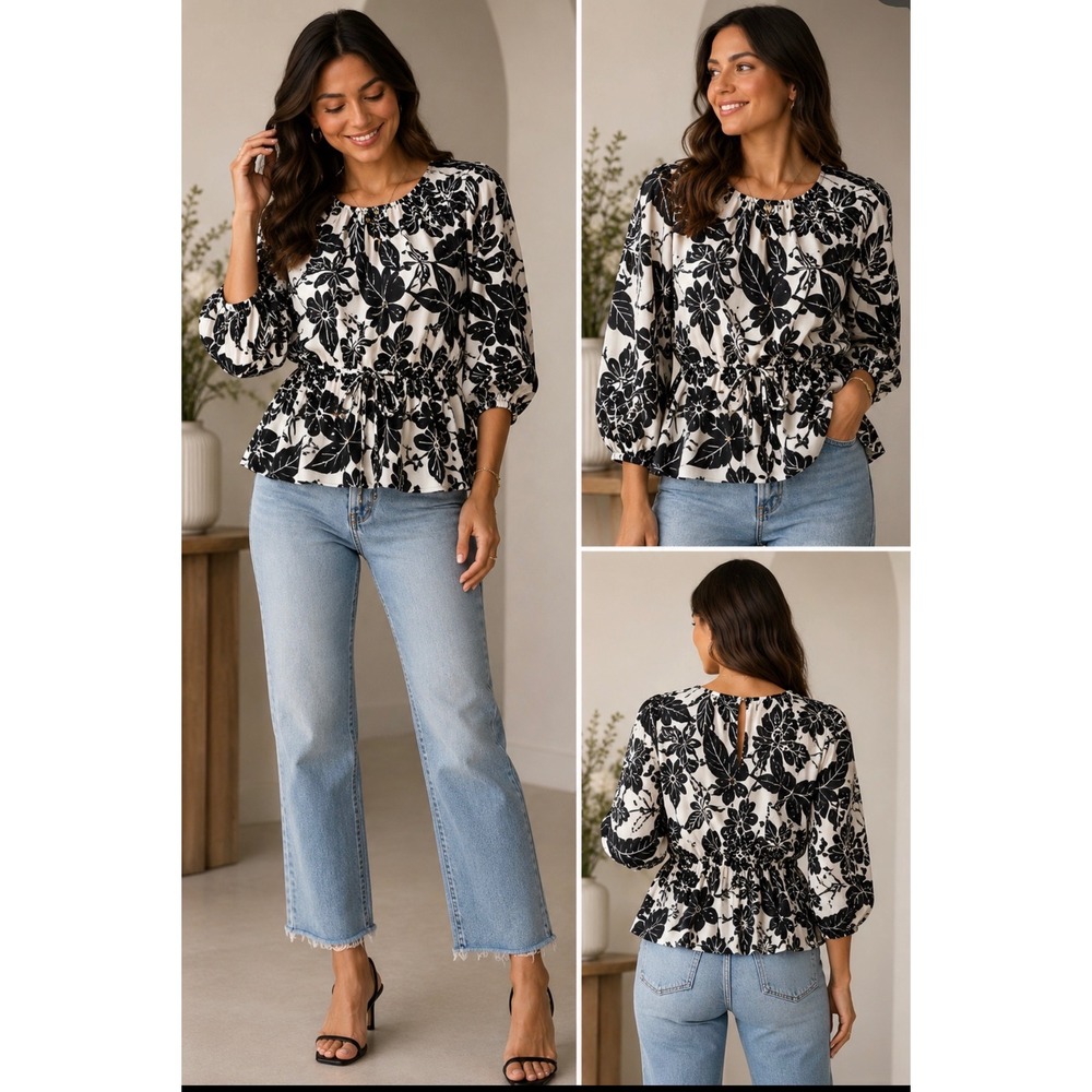 Who What Wear Black Ivory Floral Peplum Blouse Puff Sleeve Top linen blend med